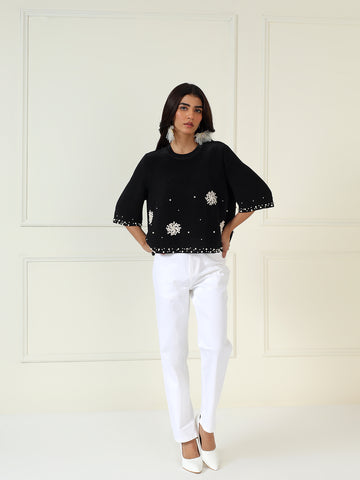 Bloom Embellished Top in Black