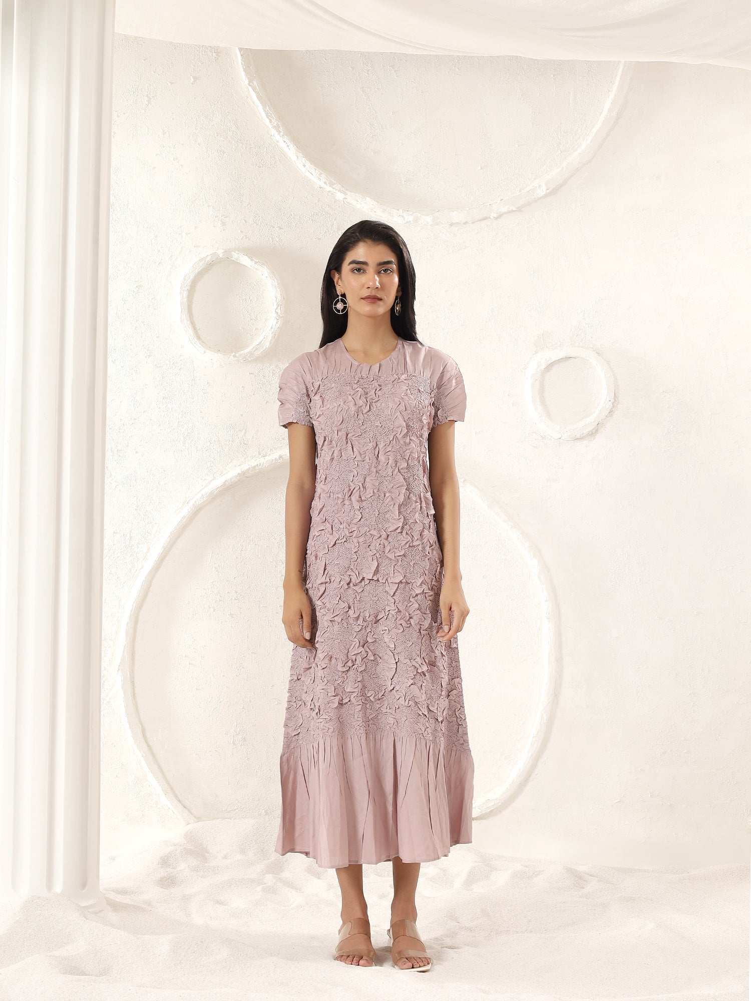 Shop Florette Crinkle Pleated Midi Dress – Onto By Aanchal Blush Mauve Shop Florette Crinkle Pleated Midi Dress – Onto By Aanchal Blush Mauve