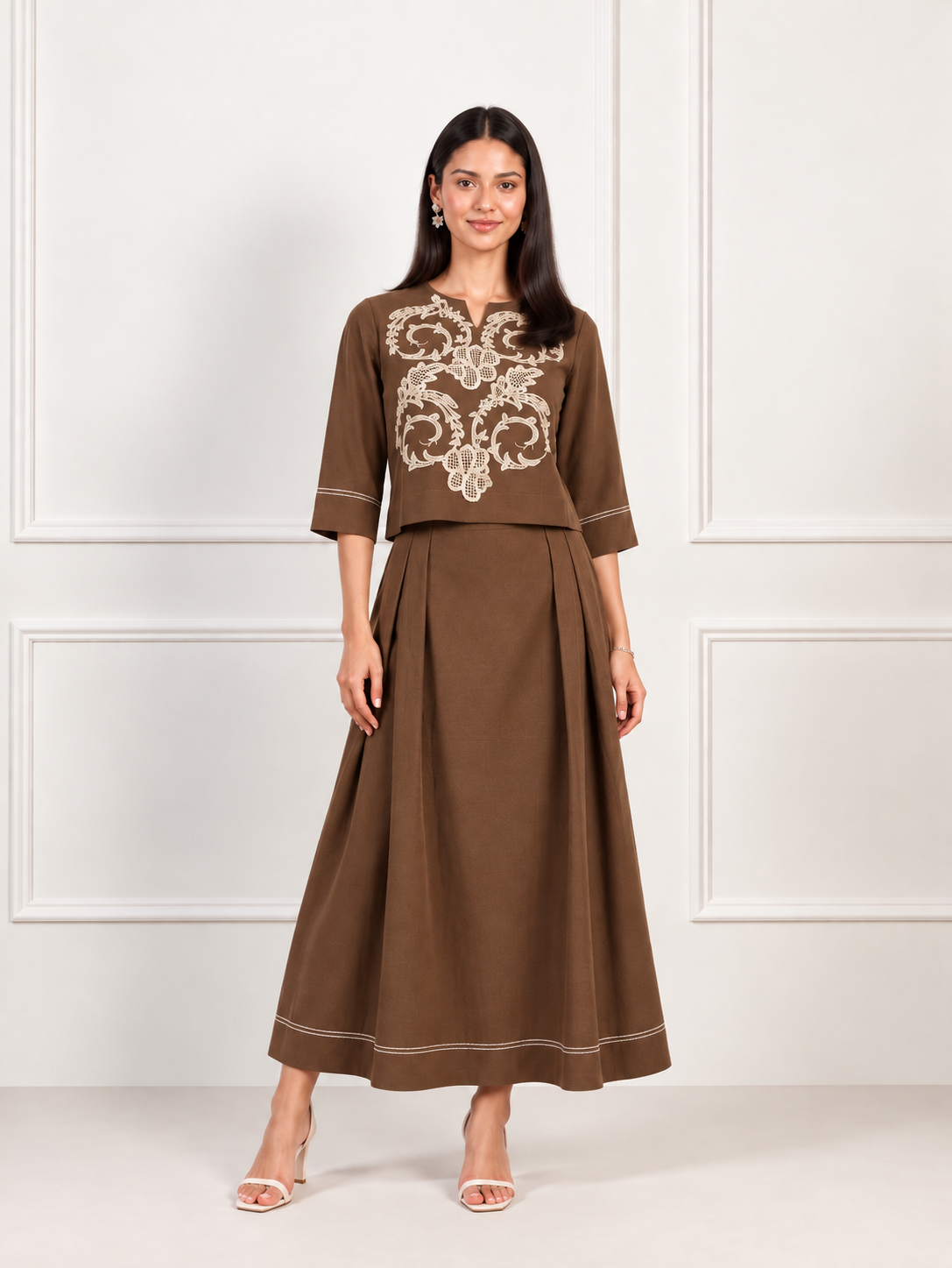 Maeve Mocha Brown Cutwork Skirt Set