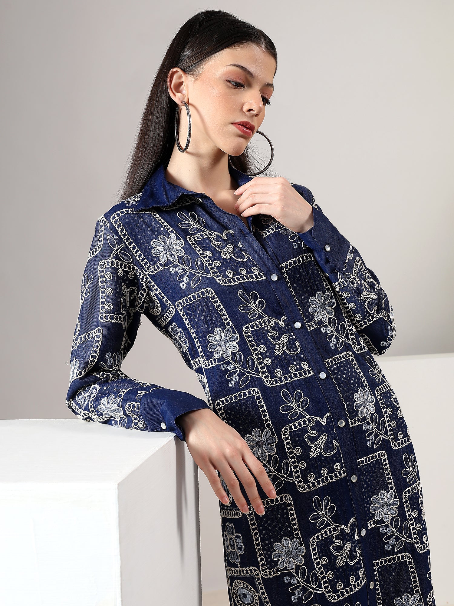 Luminara Denim Dress for Women with Embellishments L / Midnight Blue