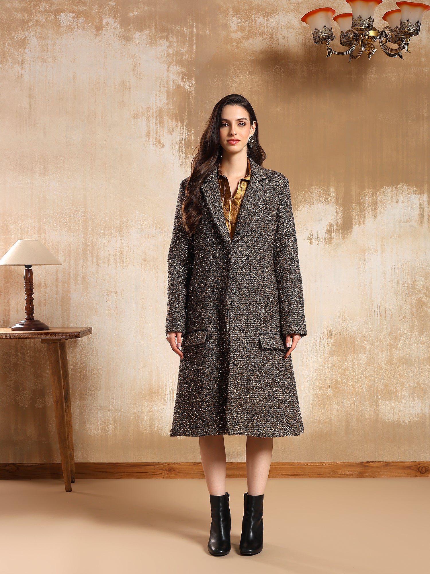 Buy Blair Golden Tweed Coat for Women | Onto By Aanchal