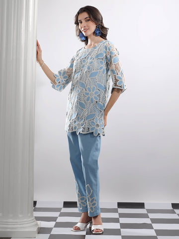 Sky Bloom – Embroidered Denim Lace Co-ord Set