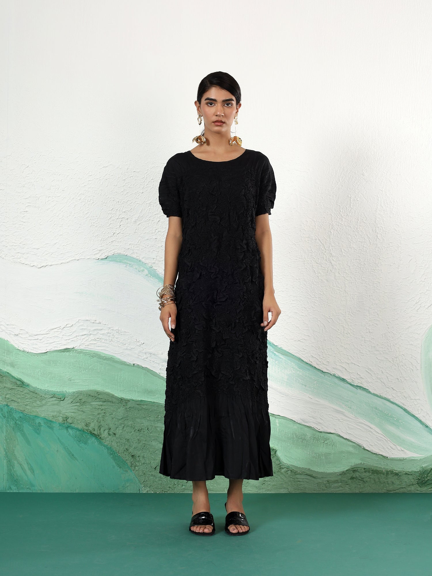 Shop Florette Crinkle Pleated Midi Dress Onto by Aanchal Midnight Black Shop Florette Crinkle Pleated Midi Dress Onto by Aanchal Midnight Black