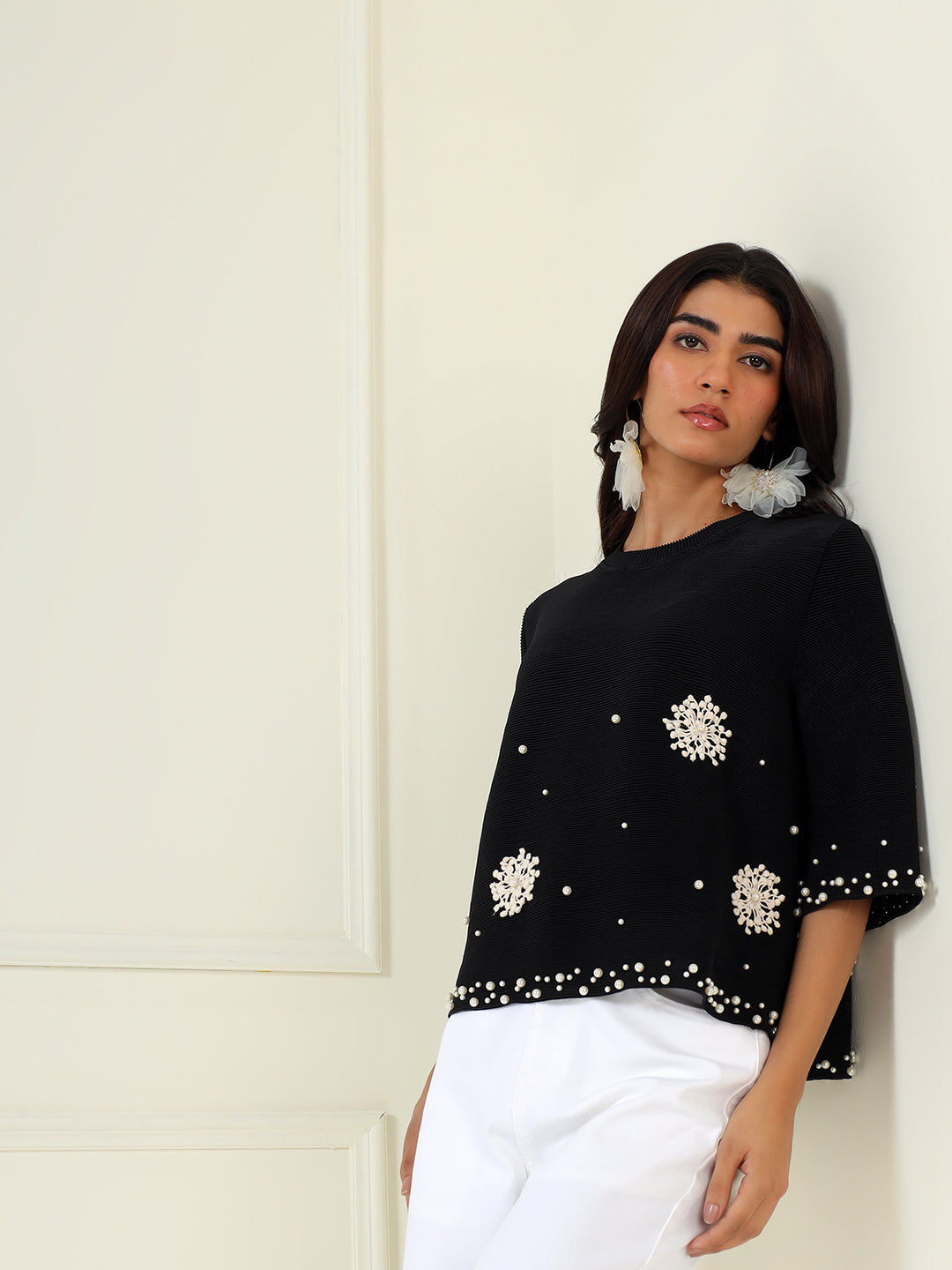 Bloom Embellished Top in Black