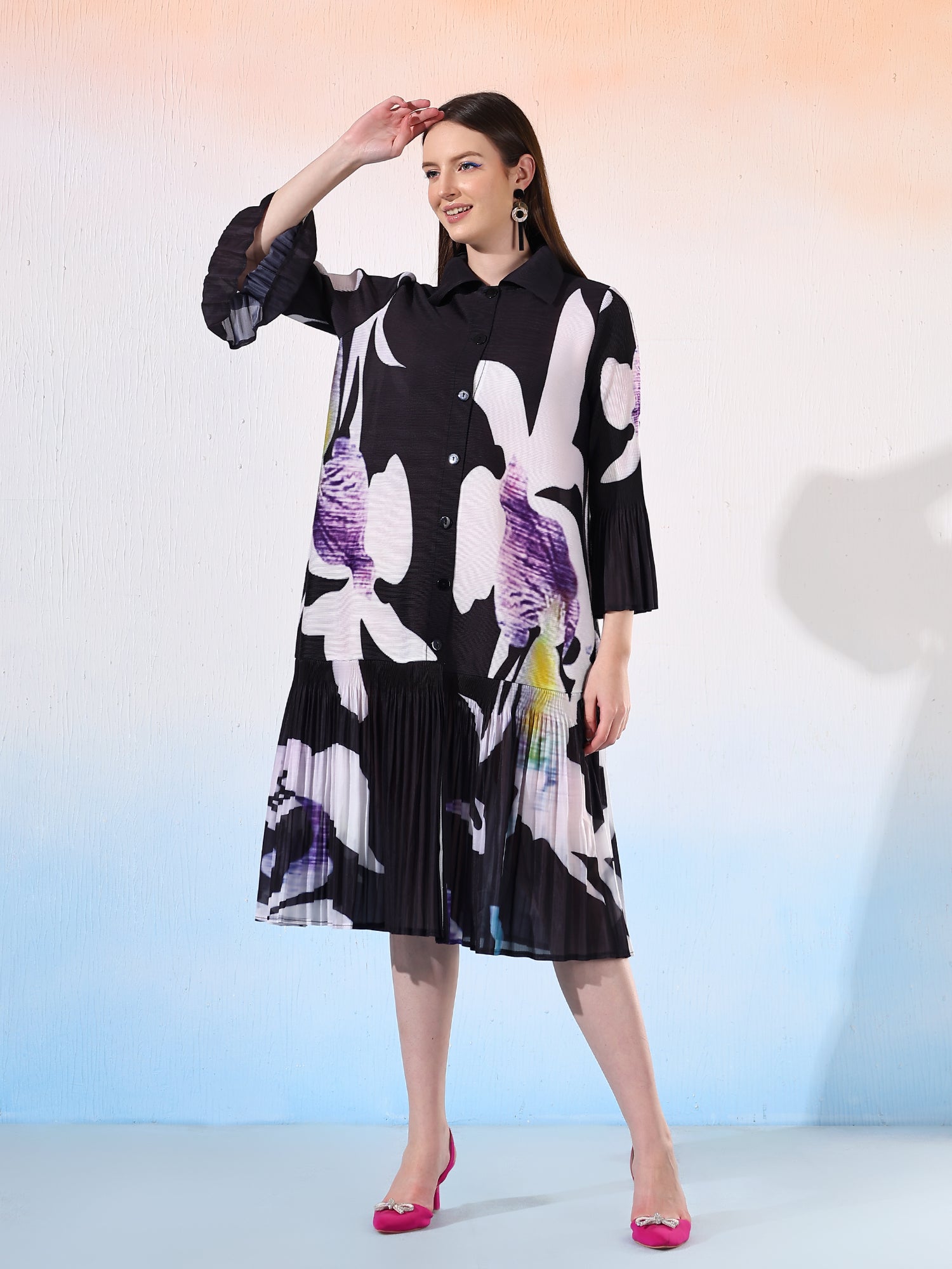 Vynna Long Pleated Dress - Floral Elegance