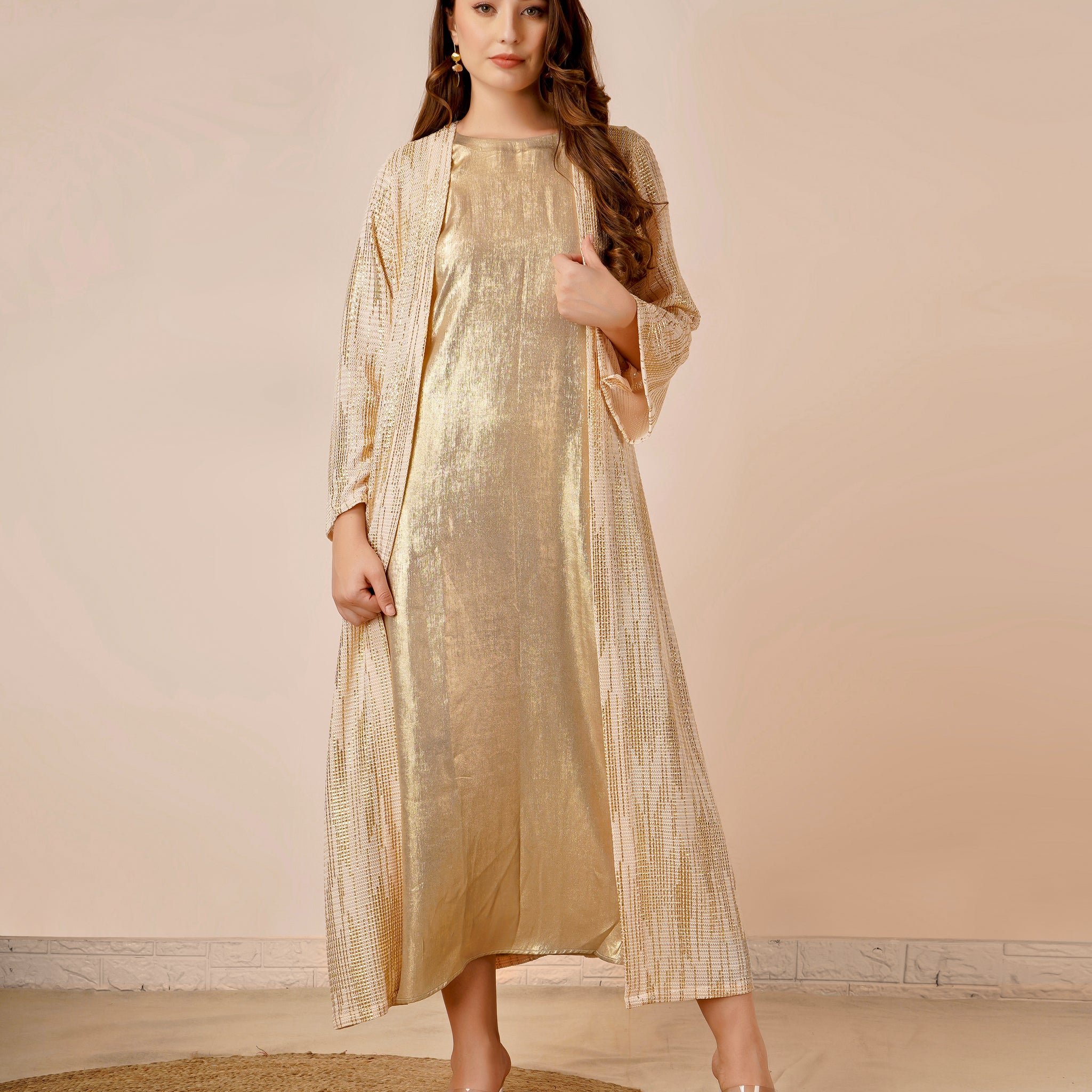Rayon Jacket Dress in Gold with Shimmer Inner and Metallic Jacket Rayon Jacket Dress in Gold with Shimmer Inner and Metallic Jacket