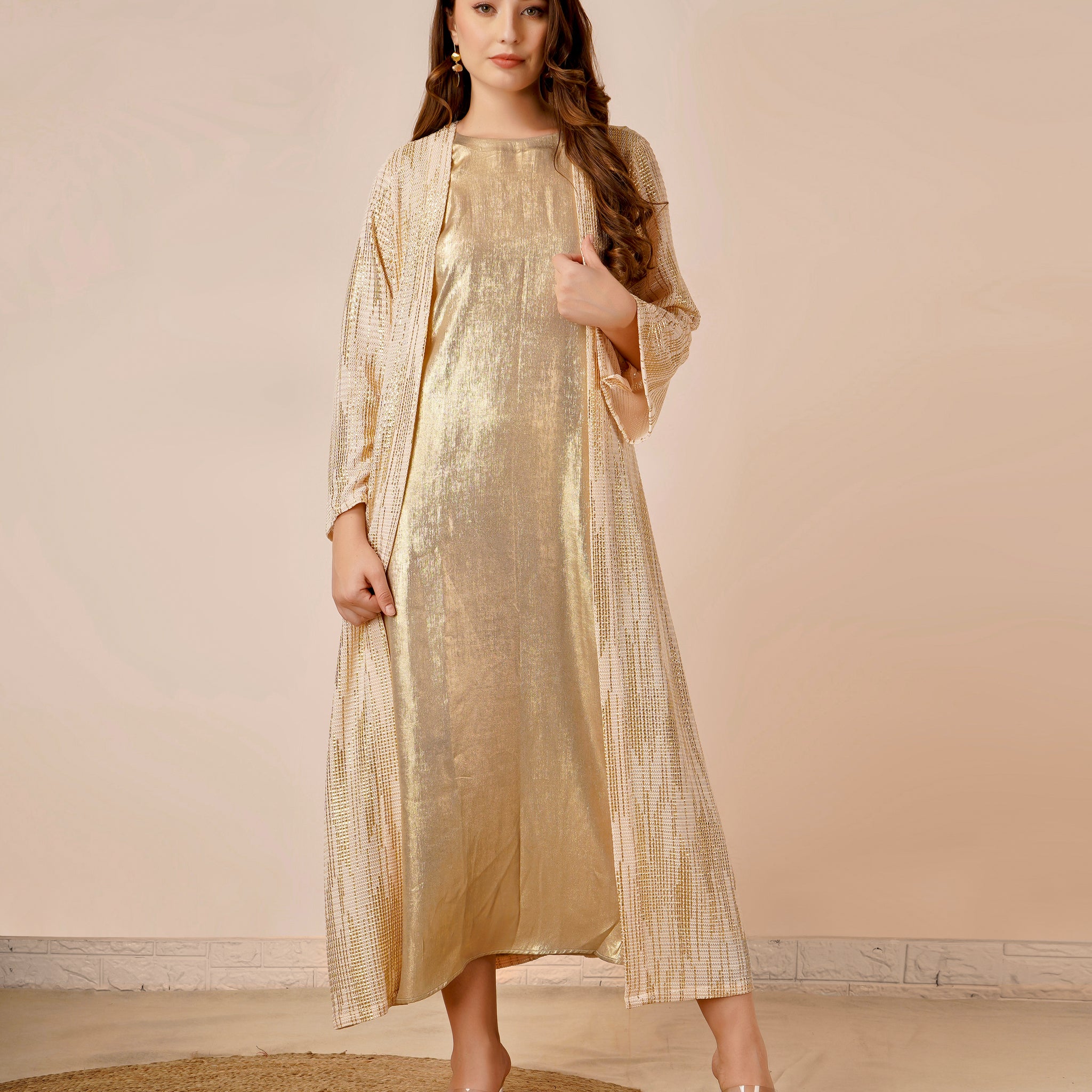 Rayon Jacket Dress In Gold Color