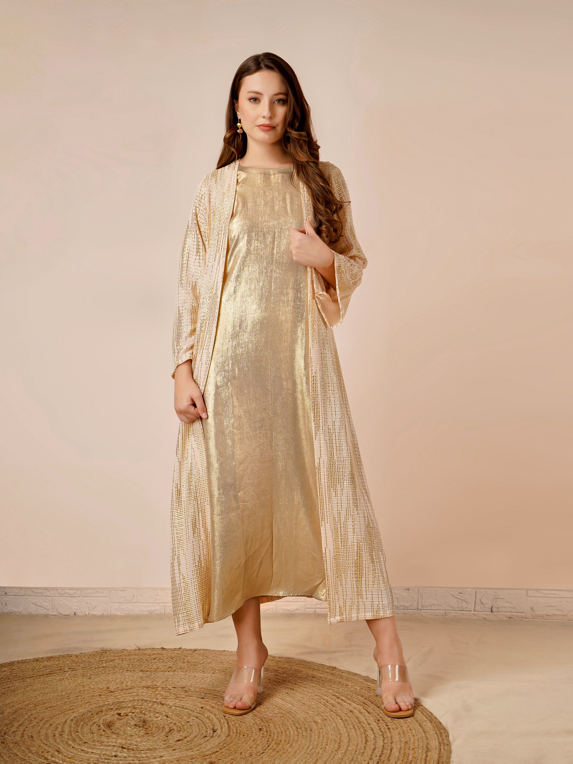 Rayon Jacket Dress in Gold with Shimmer Inner and Metallic Jacket Rayon Jacket Dress in Gold with Shimmer Inner and Metallic Jacket