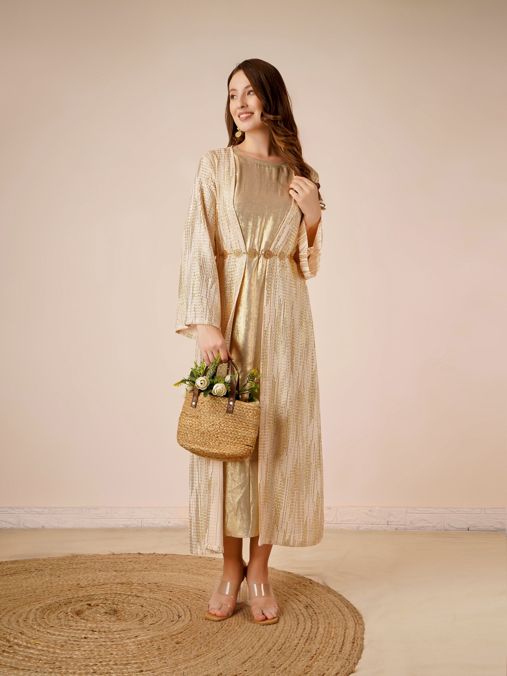 Rayon Jacket Dress in Gold with Shimmer Inner and Metallic Jacket Rayon Jacket Dress in Gold with Shimmer Inner and Metallic Jacket