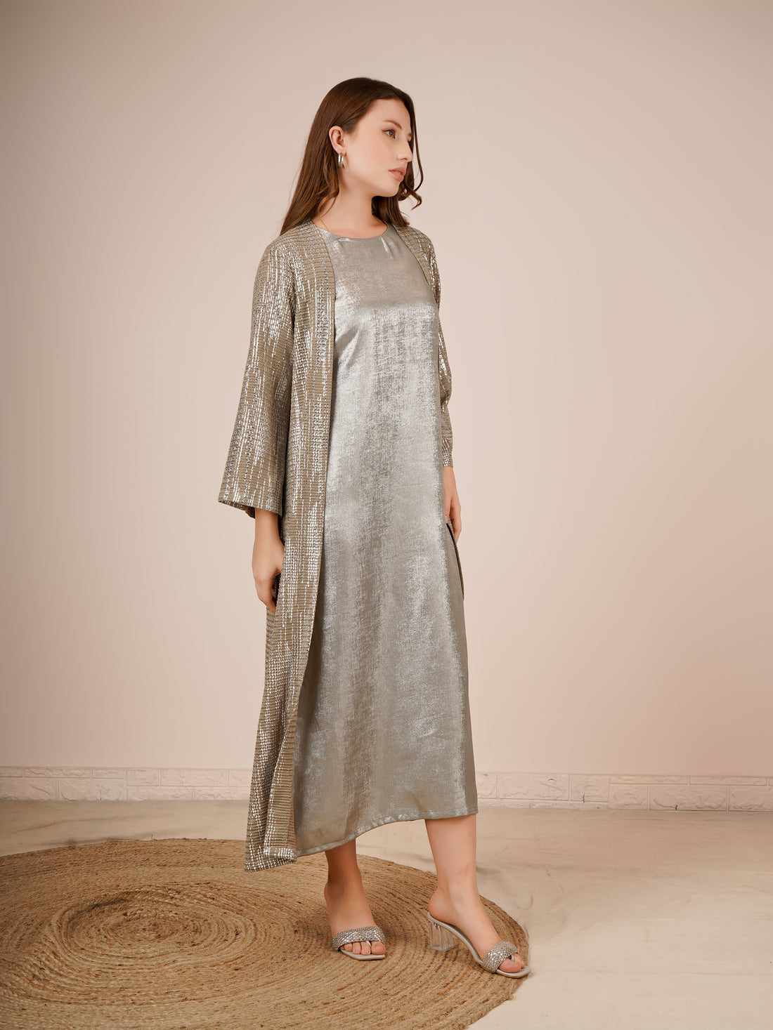 Rayon Jacket Dress In Silver Color