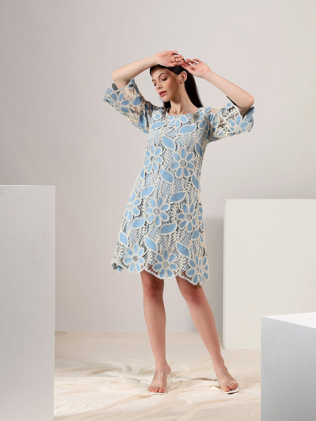 Sky Bloom – Embroidered Denim Lace Dress