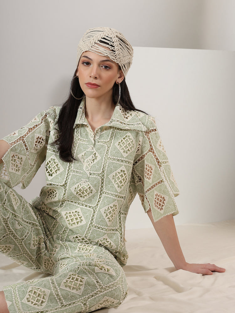 Celebrity Inspired Teal Green Cutwork Short Co Ord Set - CISC13