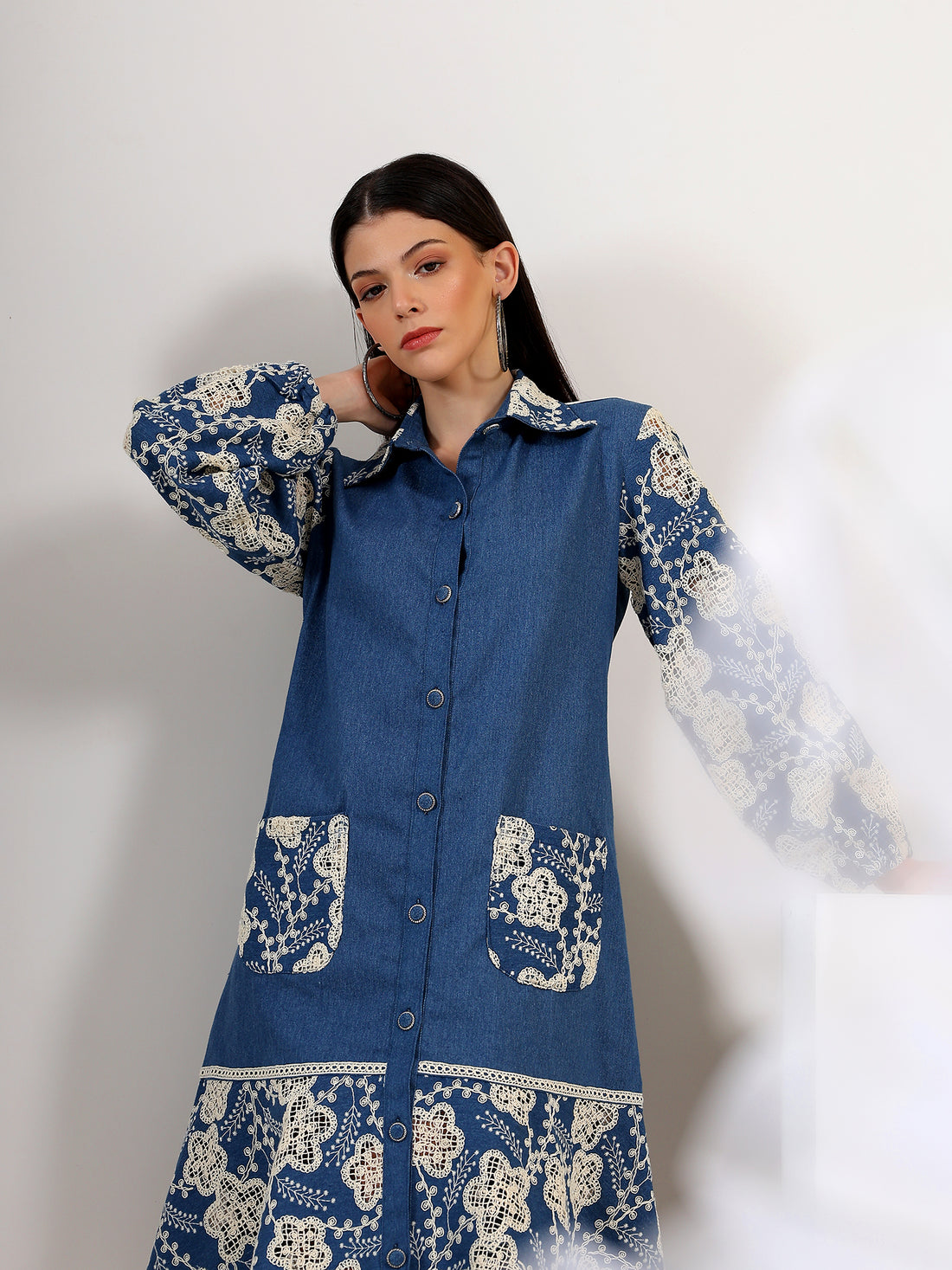 Indigo Elegance – Denim Cutwork Shirt Dress