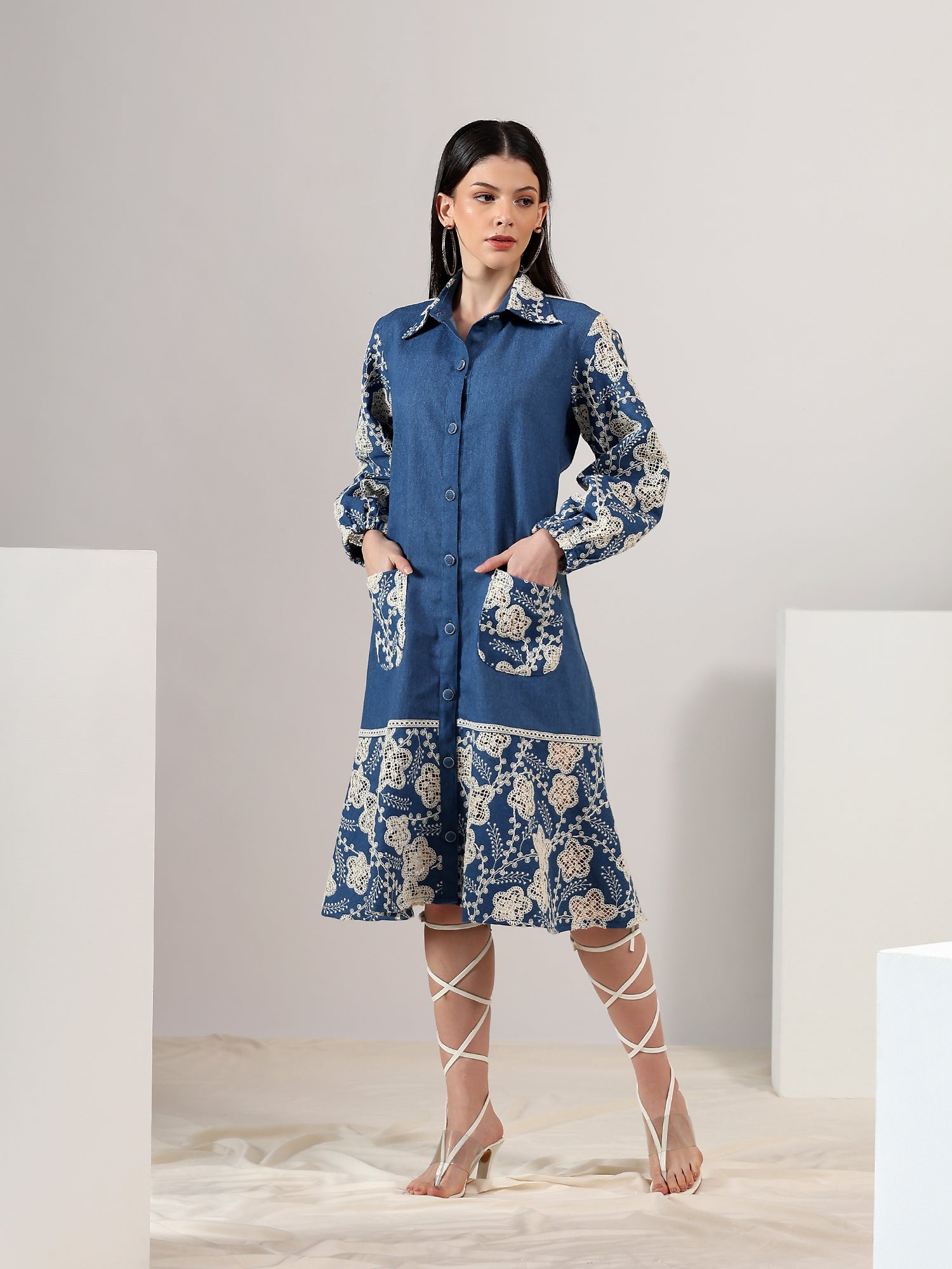 Indigo Elegance – Denim Cutwork Shirt Dress