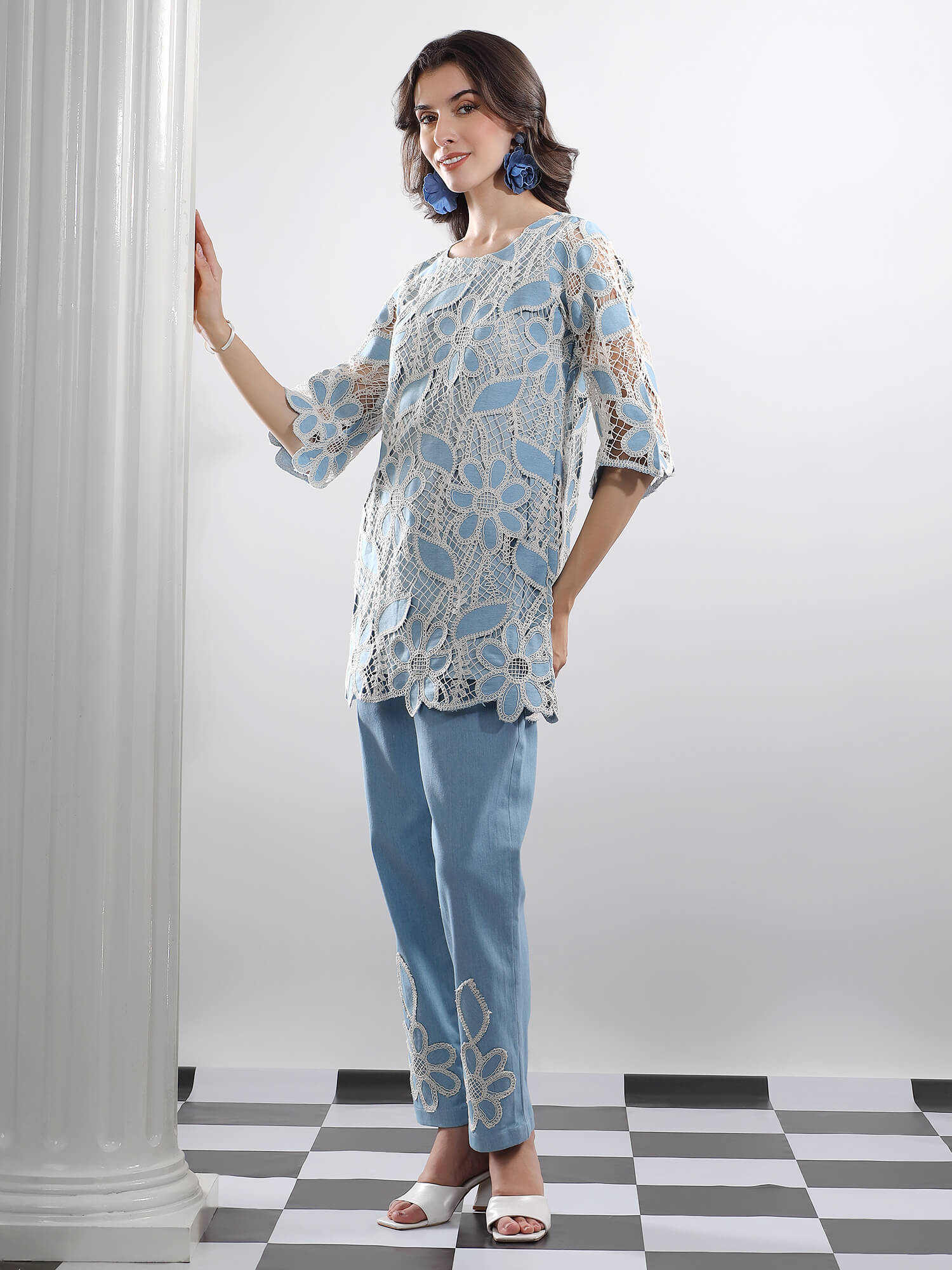 Sky Bloom – Embroidered Denim Lace Co-ord Set