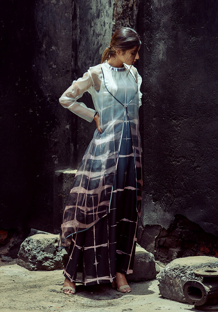 Clamp Dyed Dress With organza Jacket