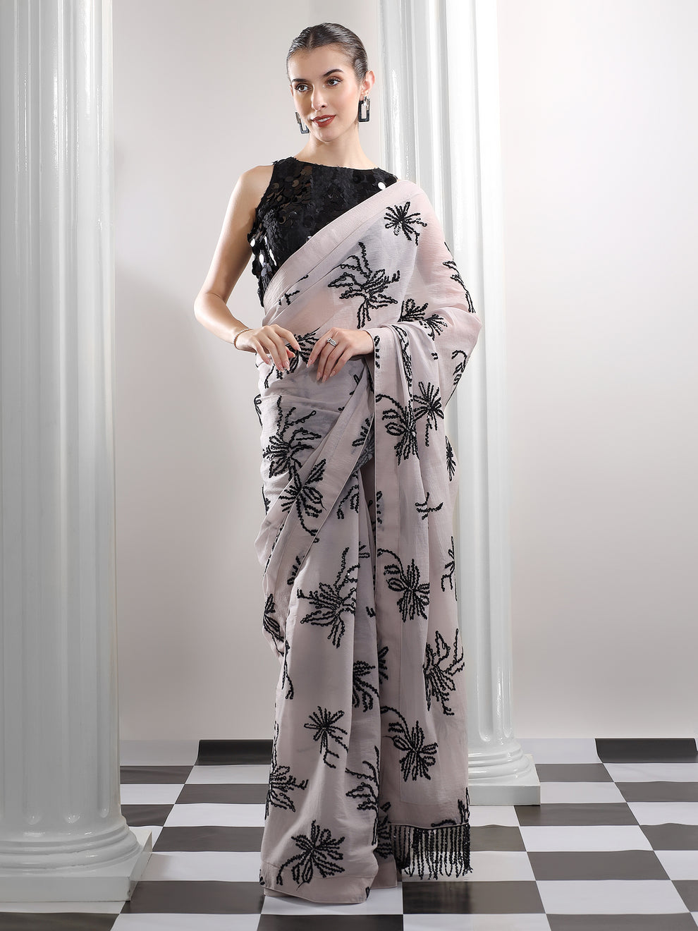 Silver Noir Bloom Saree